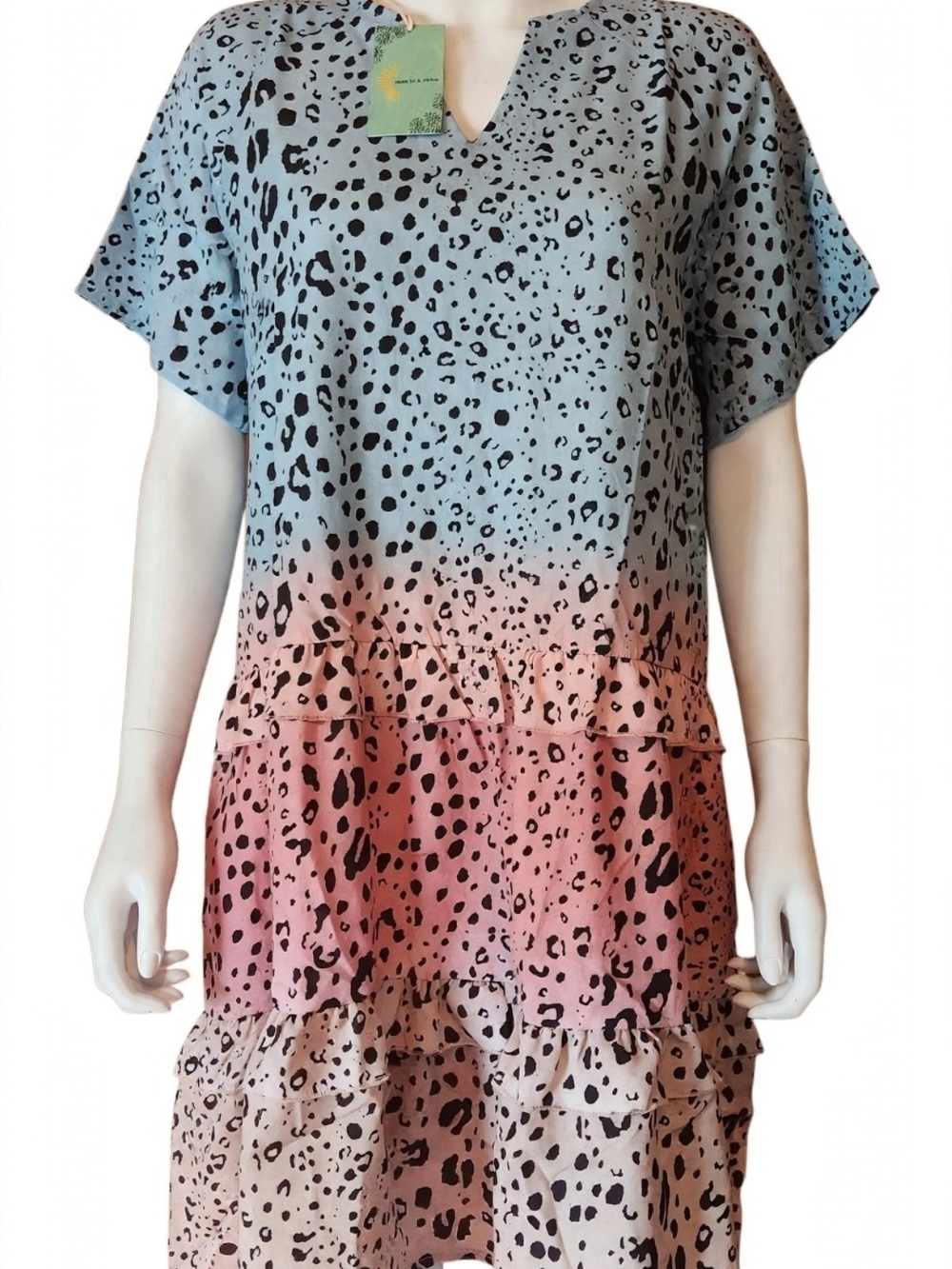 NWT Boutique Ombre Leopard Tiered Ruffle Dress Blue Pink Boho V-Neck Mini XL